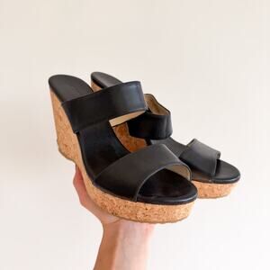 Jimmy Choo Parker Double Strap Open Toe Leather Wedge Sandals Black 10